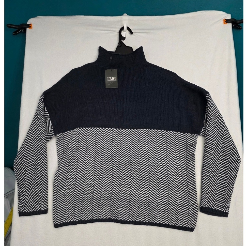 Stylewe Mock Neck Herringbone Sweater 2XL Navy White Knit Oversized Pullover